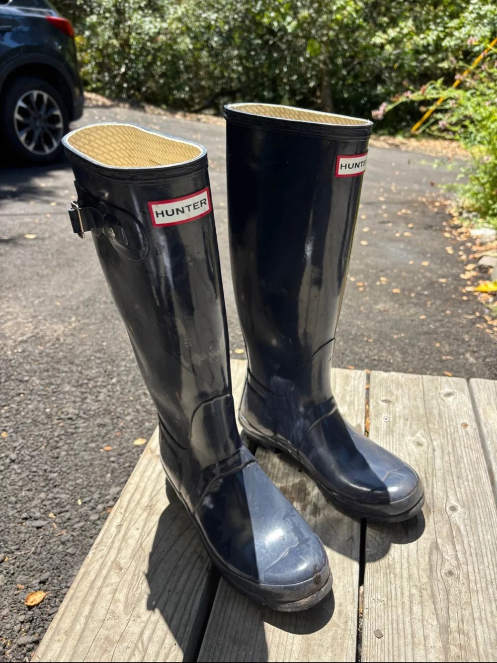 Hunter Tall Gloss Navy Blue Women's Rain Boots with Side Buckle